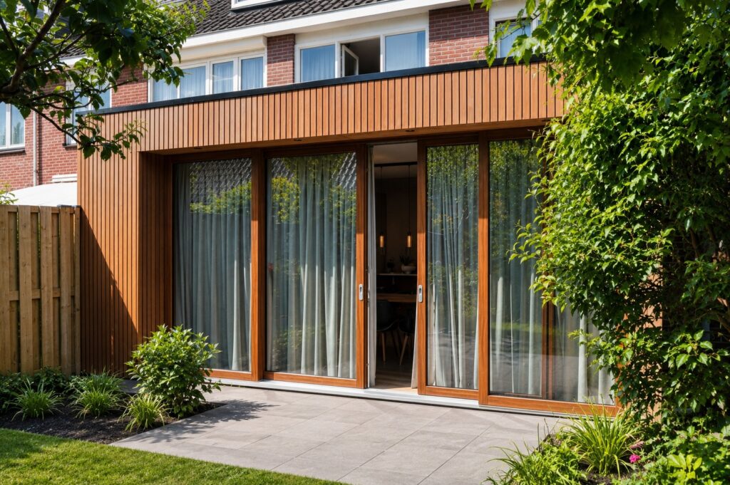 Achteraanzicht van de aanbouw in Houten met verticale houten gevelbekleding en een grote vierdelige schuifpui.